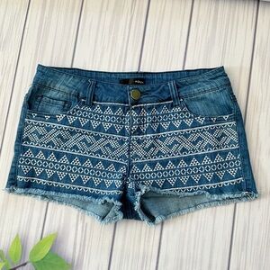 Aqua Blue Denim and White Embroidered Shorts Raw Bottom